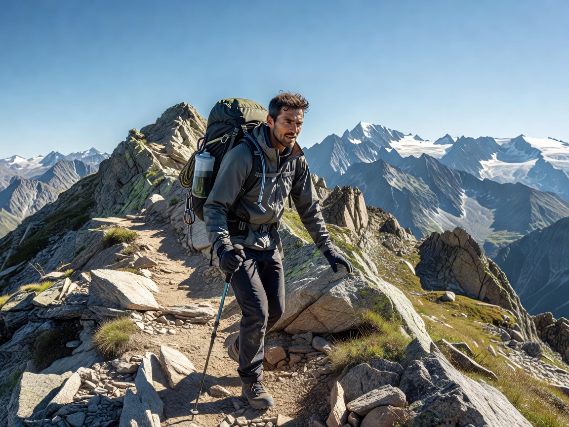 Hiker traversing rugged snowy alpine ridge at sunrise
