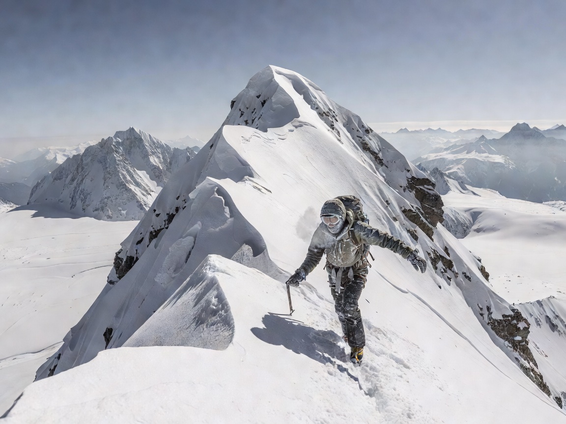 Mountaineer ascending a steep snowy ridge in thin high altitude atmosphere during winter traverse