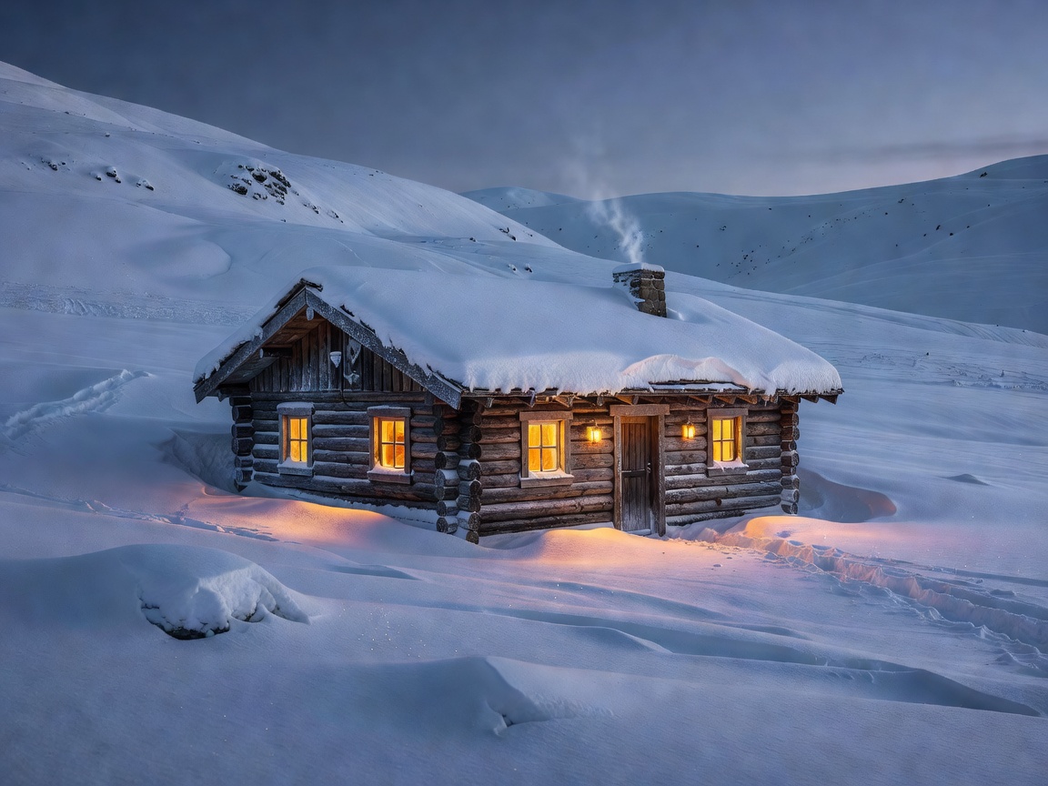 Off-grid mountain cabin with thick snowpack and glowing warm interior lighting