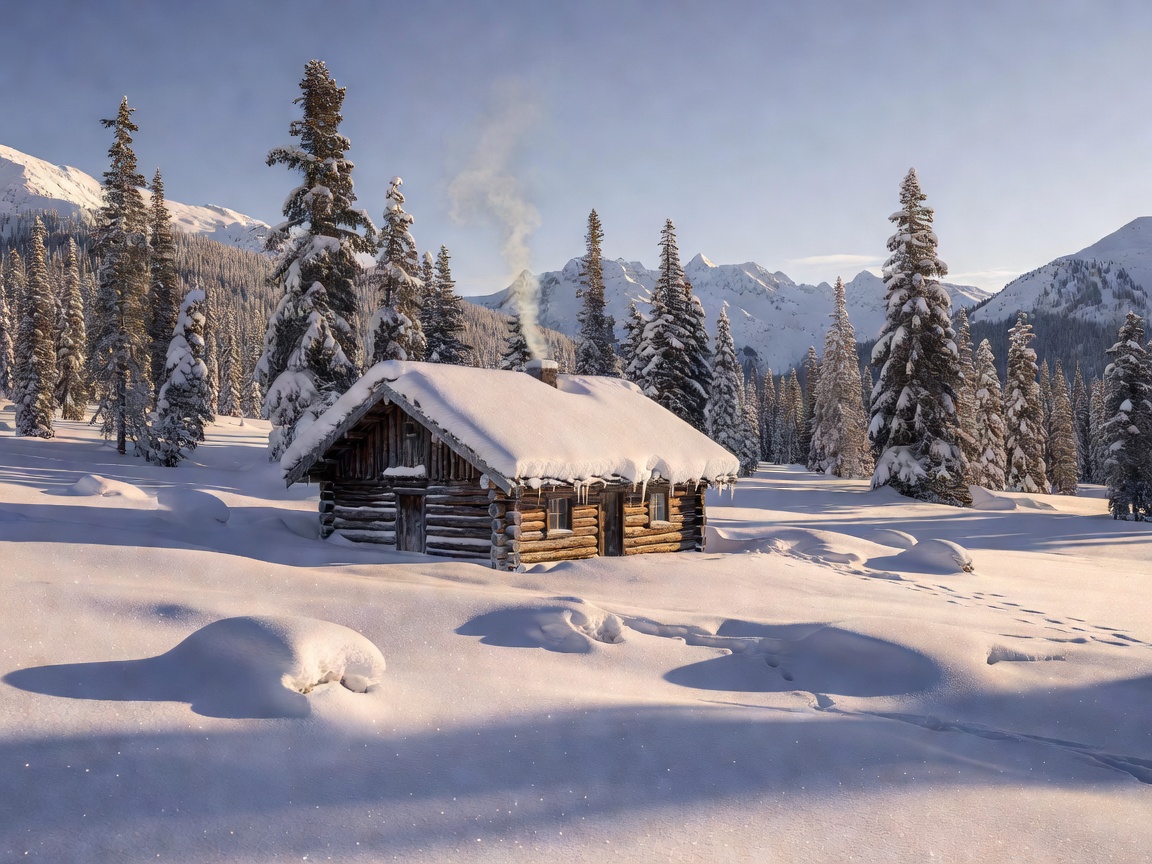 Snow covered wooden alpine cabin during heavy winter snowfall