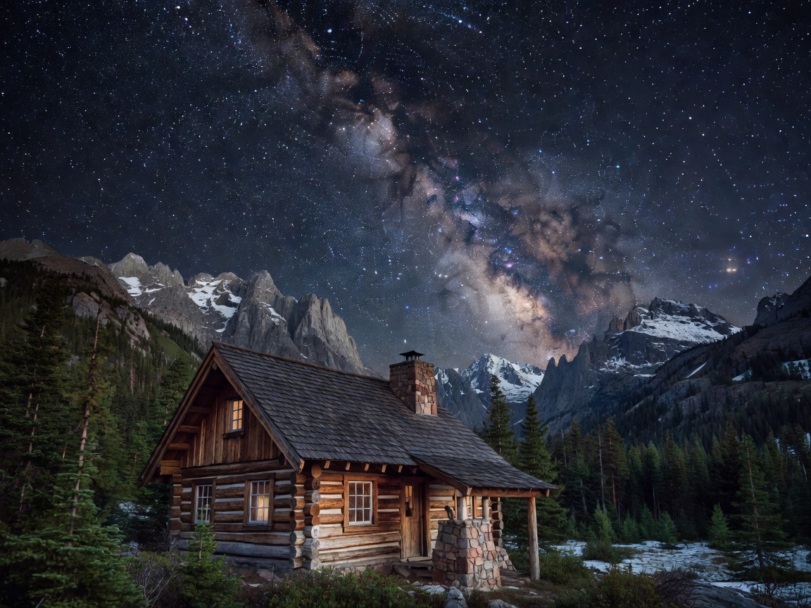 Rustic cedar cabin nestled under starry alpine night sky
