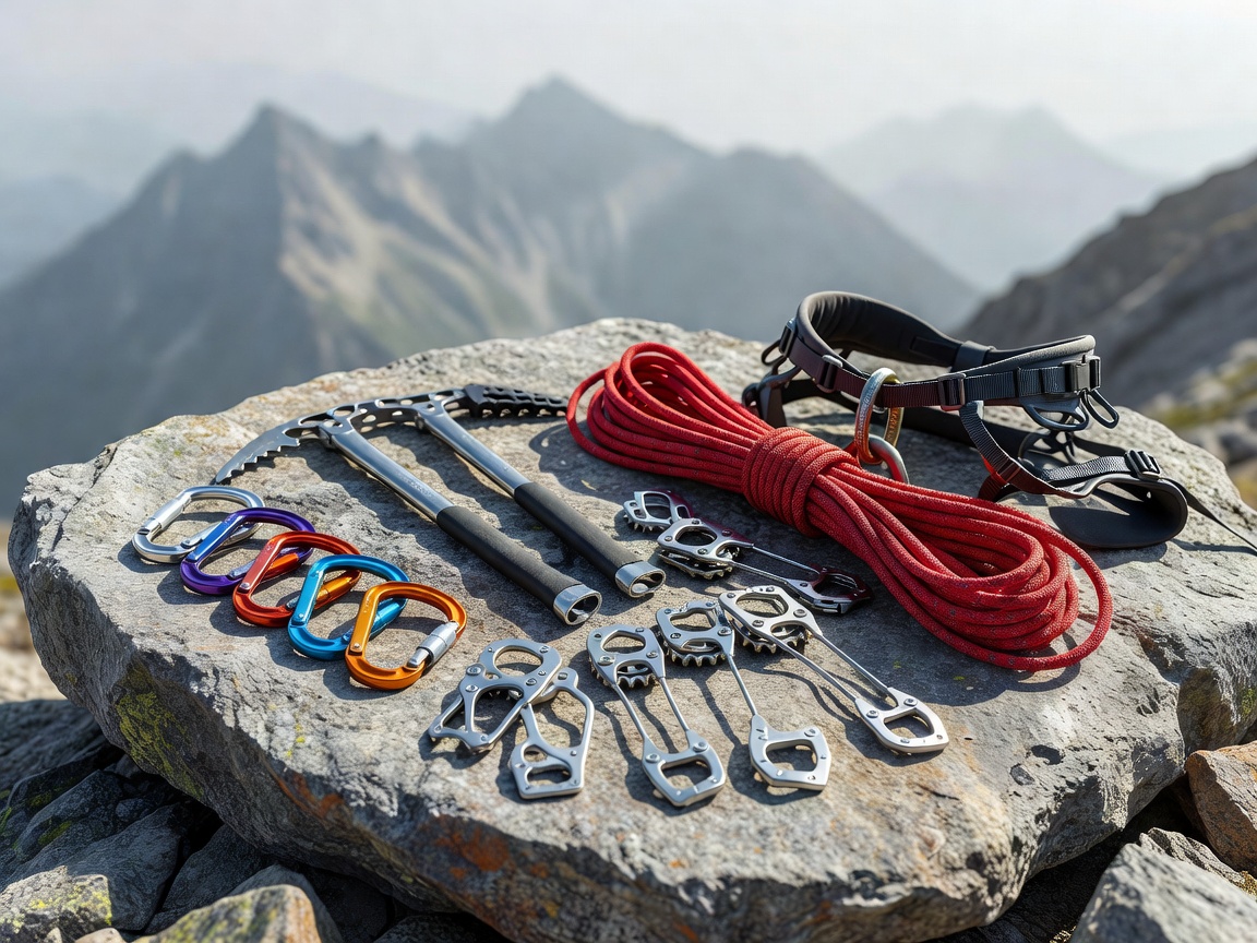 Technical mountain climbing hardware and outdoor equipment arranged on stone